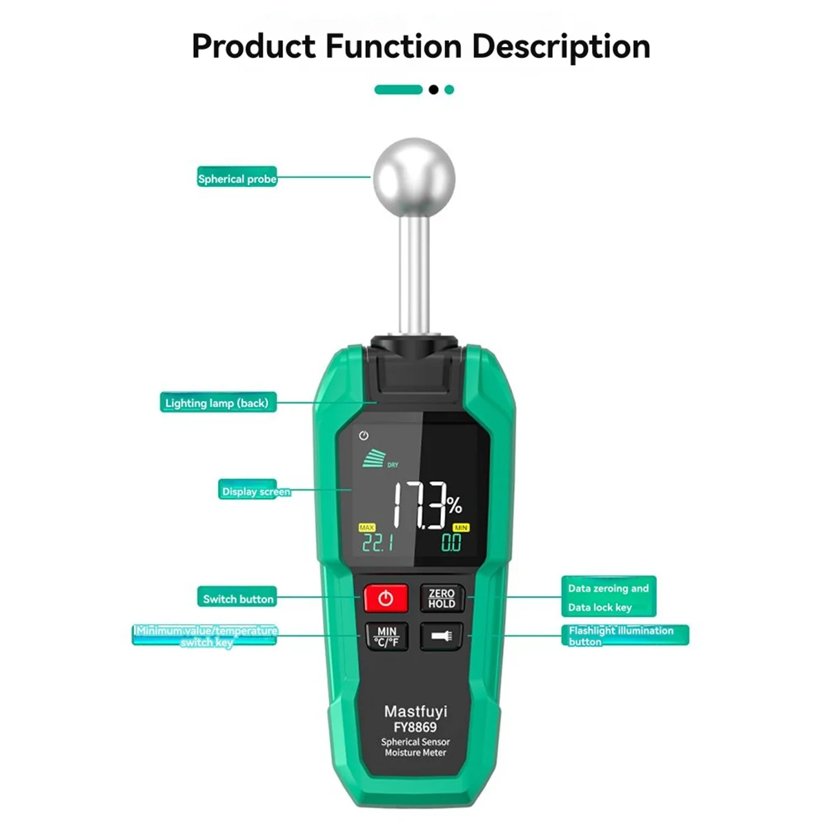 Digital Wood Moisture Meter Non-Destructive Spherical Hygrometer Record Humidity Auto Detect Timber Damp Detector