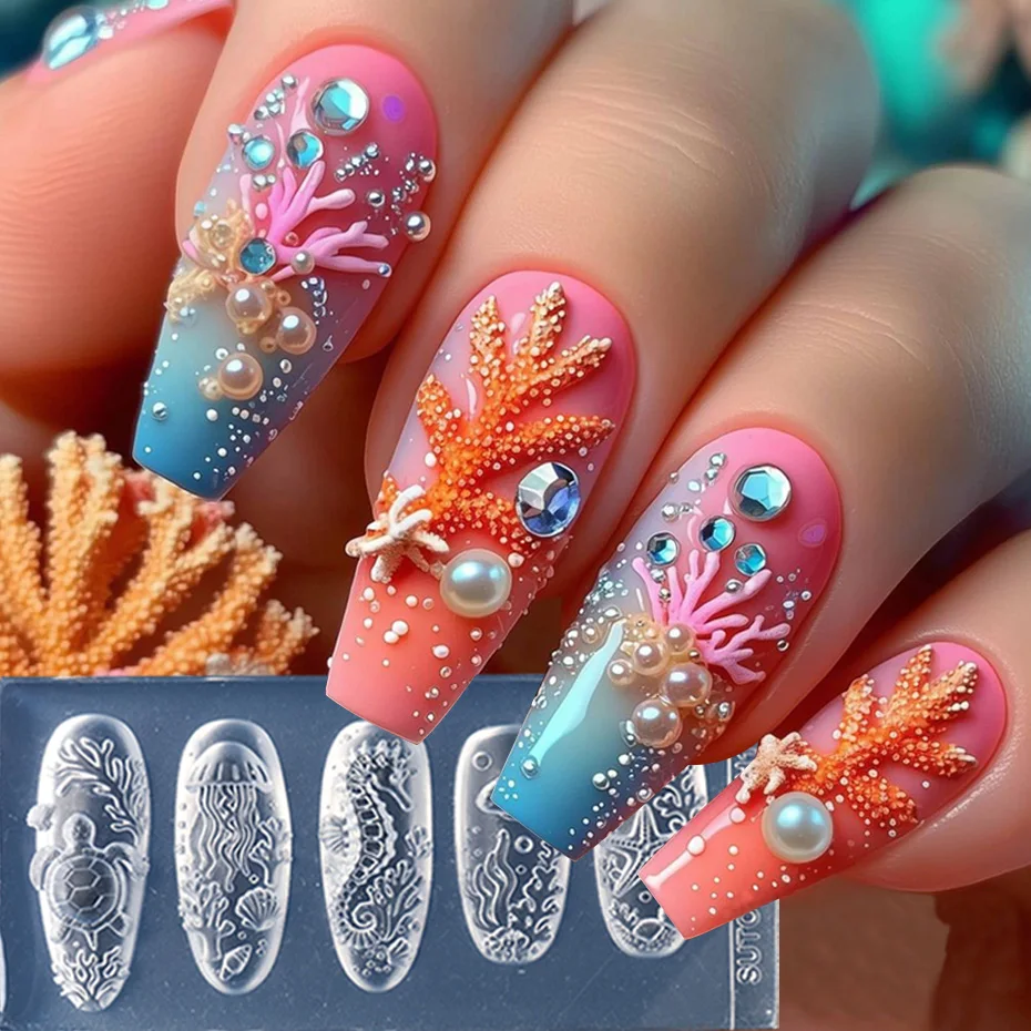 Ocean Theme Nail Silicone Mold 5D Embossed Sea Marine Animals Coral Fish Stamping Plates for Nails DIY Summer Holiday Nail Tool