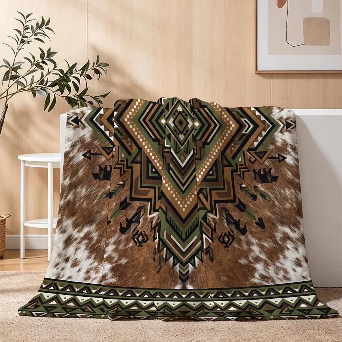 Western Cowhide Tribal Geo Raven Bear Feather Print Flannel Blanket Sofa Bedroom Warm Throw Blanket For Home Leisure Camping