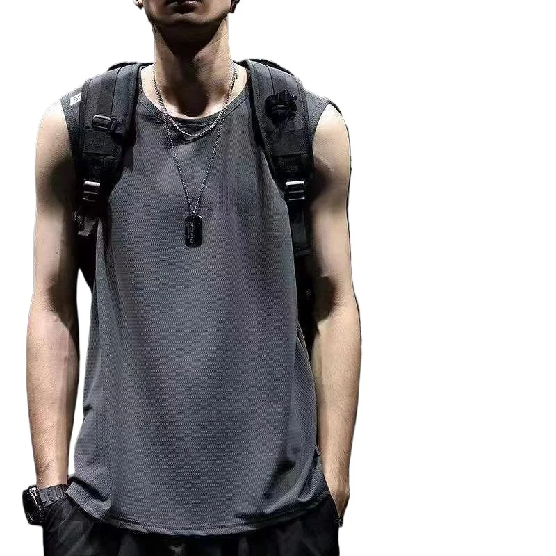 Ice Silk Vest, Men's Summer Quick-drying Cut-sleeve Mesh Sleeveless T-shirt, Plus-size Men's Loose Hurdles Sports Snap Sleeve