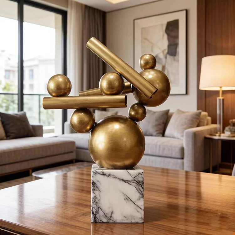 Modern Abstract Gold Metal Ball Sculpture with Marble Base for Home