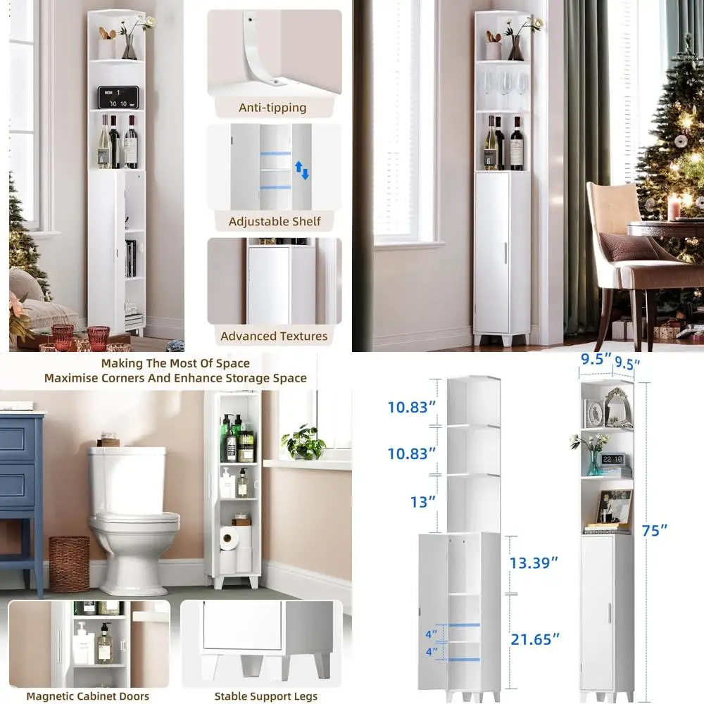 

74.8 High Corner Cabinet with Door and 5-Tier Adjustable Shelving for Living, Dining, and Bathroom Spaces in White