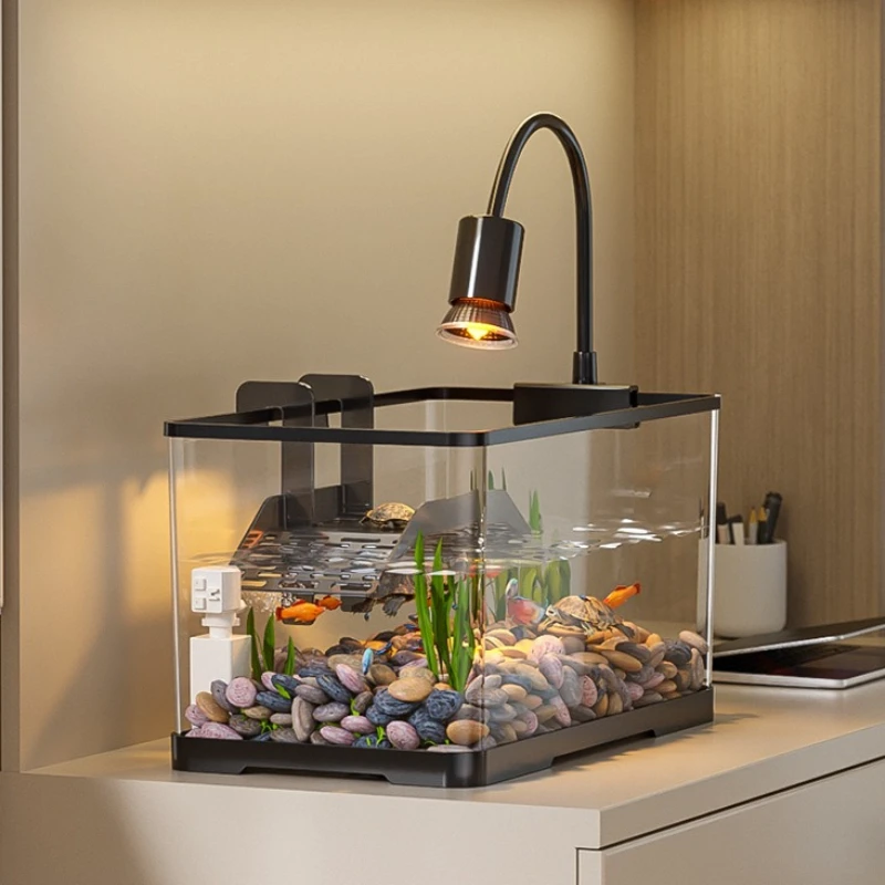 Transparent Turtle Terrarium with Filter Sunbathing Lamp Turtle Fish Terrariums Lifting Climb Platform Tank Desktop Aquarium