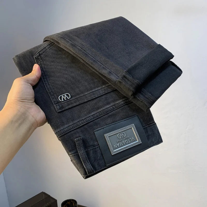 Calça jeans leve de perna reta masculina, jeans preto, elástico, magro, simples, elegante, casual, na moda, outono, 2024