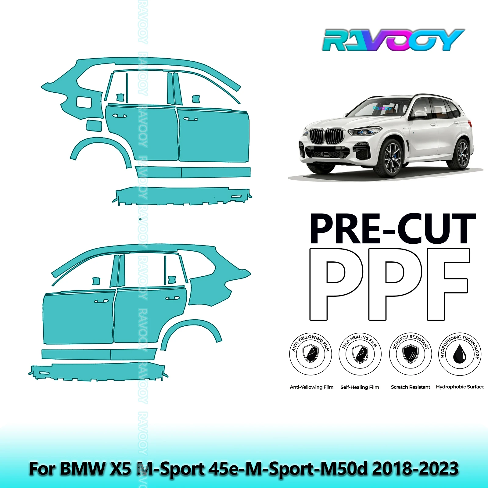 

For BMW X5 M-Sport 45e-M-Sport-M50d 2018-2023 8.5mil Clear Matte Pre-Cut PPF Door & A/B Pillar Kit TPU Paint Protection Film Set