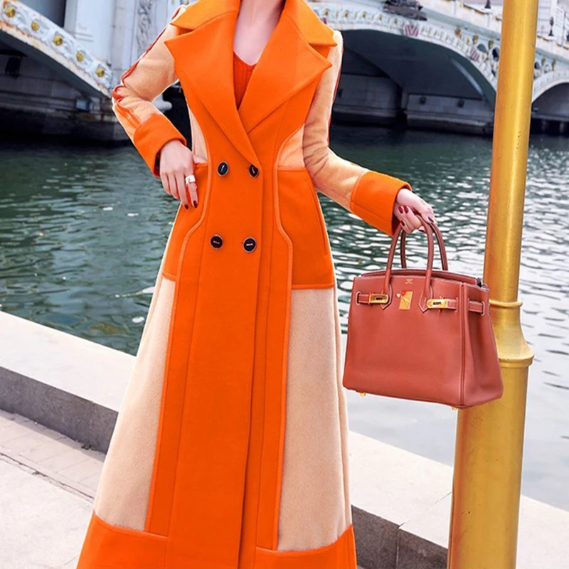 2023 autumn and winter new color contrast coat women\'s Lapel over the knee medium length Plush thickened fashion temperament wom