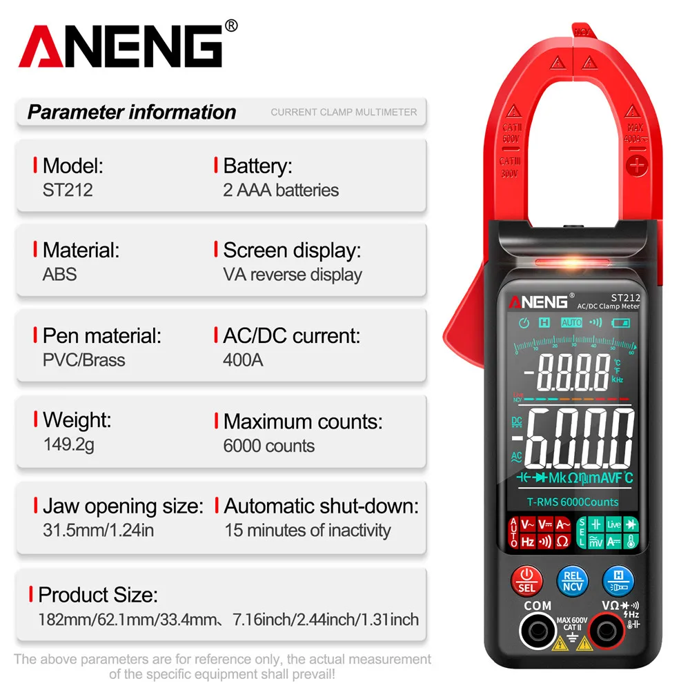 ANENG ST212 6000 Counts Digital Clamp Meter DC/AC Current 400A Amp Multimeter Color Screen Display Voltage Tester Car Hz NCV Ohm