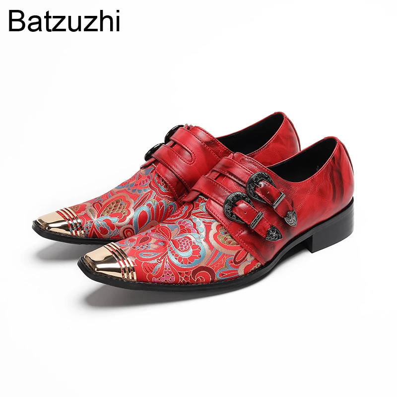 

Batzuzhi Fashion Men's Shoes with Golden Metal Toe Slip on Leather Dress Shoes Man Red Leather Formal Business&Wedding Shoes Man
