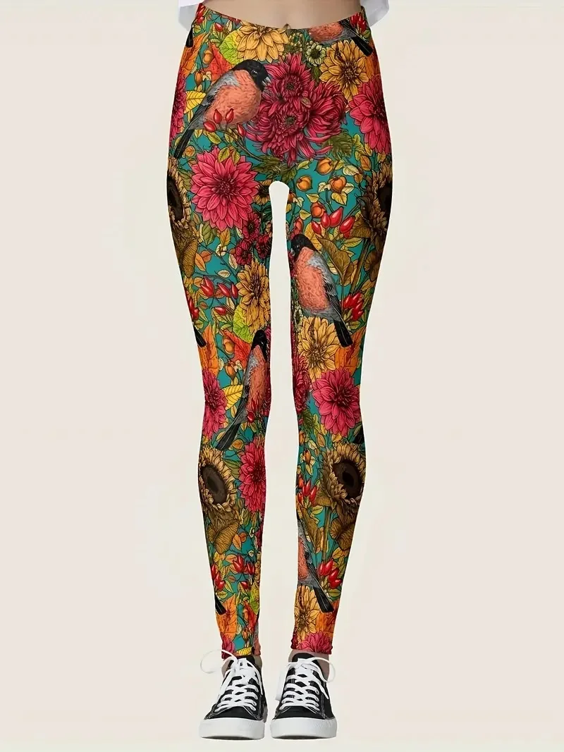 Flower and bird print Rest tight stretch elastic waist comfortable slim fit work daily travel Wearing women's leggings