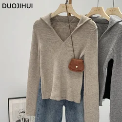 DUOJIHUI-Suéter feminino de tricô doce, pulôveres femininos finos, gola chilly para outono, manga comprida, moda casual simples, cáqui