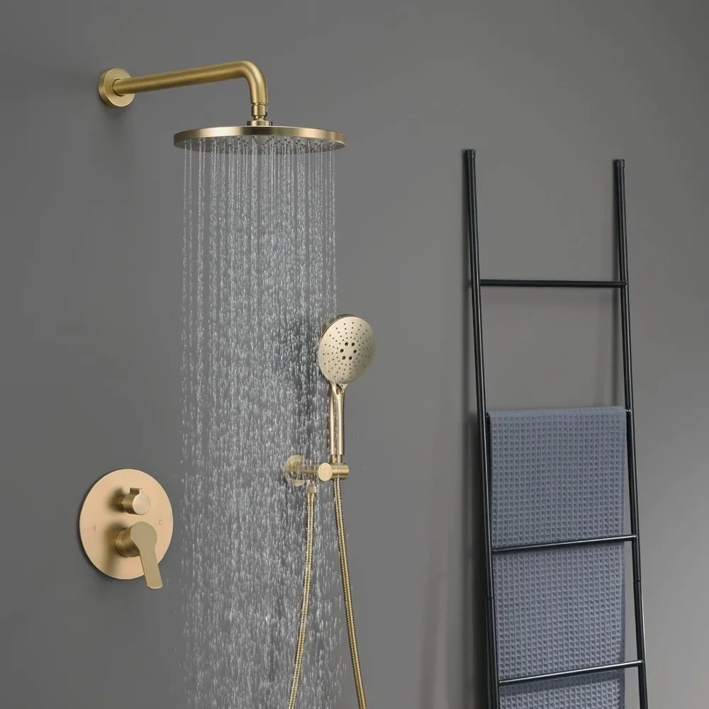 Shower Set - Brushed Gold Finish, Powerful High Pressure Showerhead System with 3 Adjustable Settings and Handheld Capability