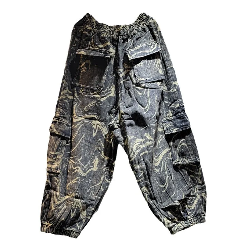 WTHT Trendy 2026 Summer Women Camouflage Big Pocket Design Harem Jeans New Straight Elastic Waistband Denim Pants Female 1LS3078