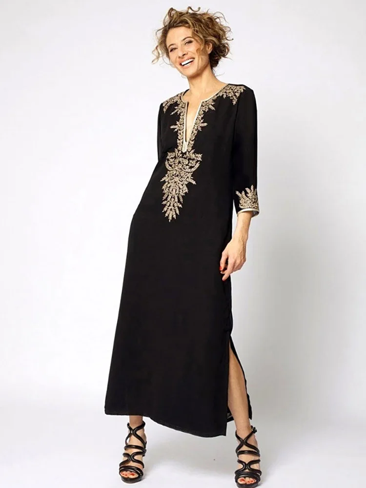 Bohemian Black Embroidered Long Dress Beach Cover-up Sarong Kaftan Pareo 2023 Summer Women Swimsuit Beachwear Robe Maxi Dresses