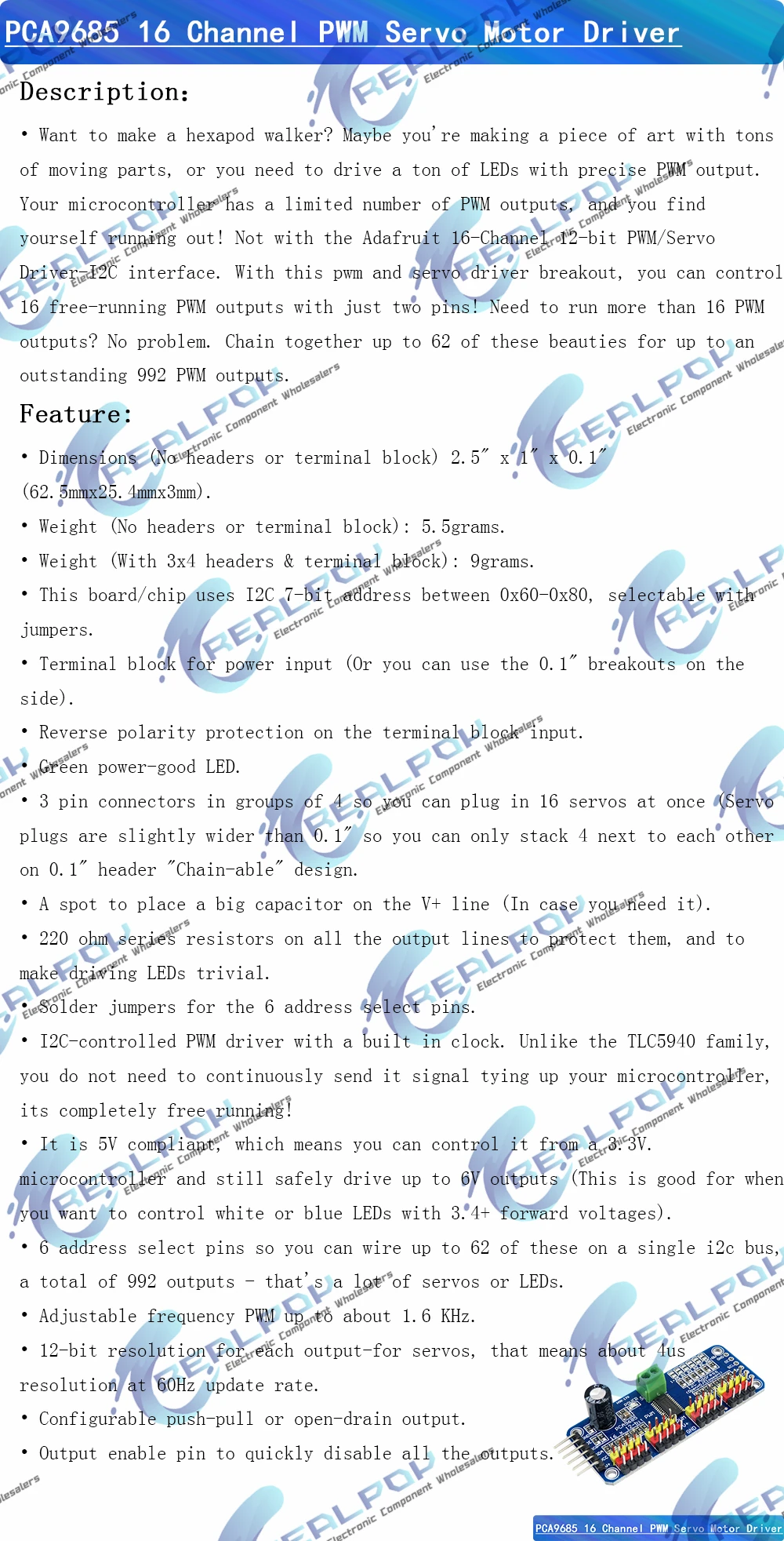 PCA9685PW 16-Kanal 12-Bit PWM Servo-Treiber mit I2C-Schnittstelle PCA9685 Modul für Raspberry Pi – Detail 1