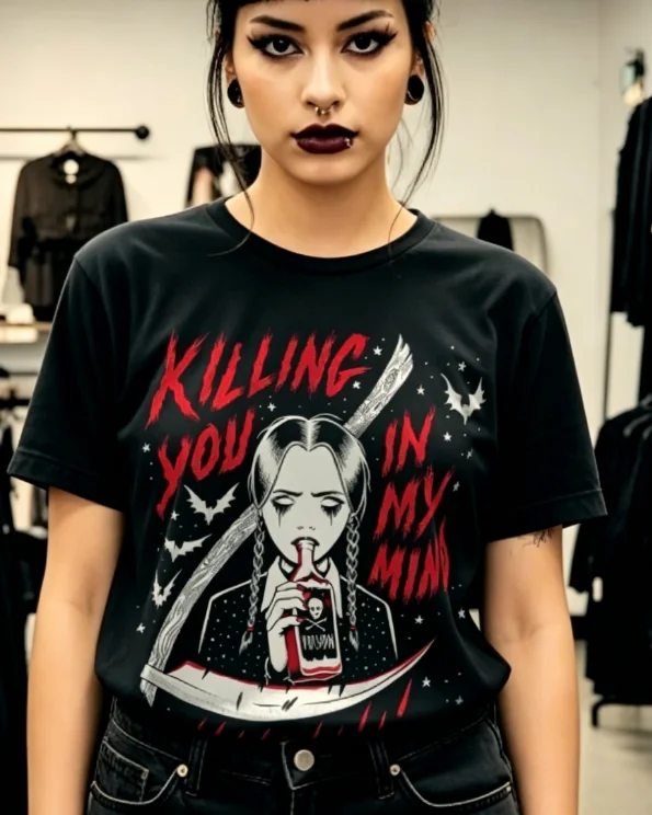 2026 Round-neck retro gothic-style girl pattern axe sharp-edged batwing pattern Men's women's universal short-sleeved T-shirt.