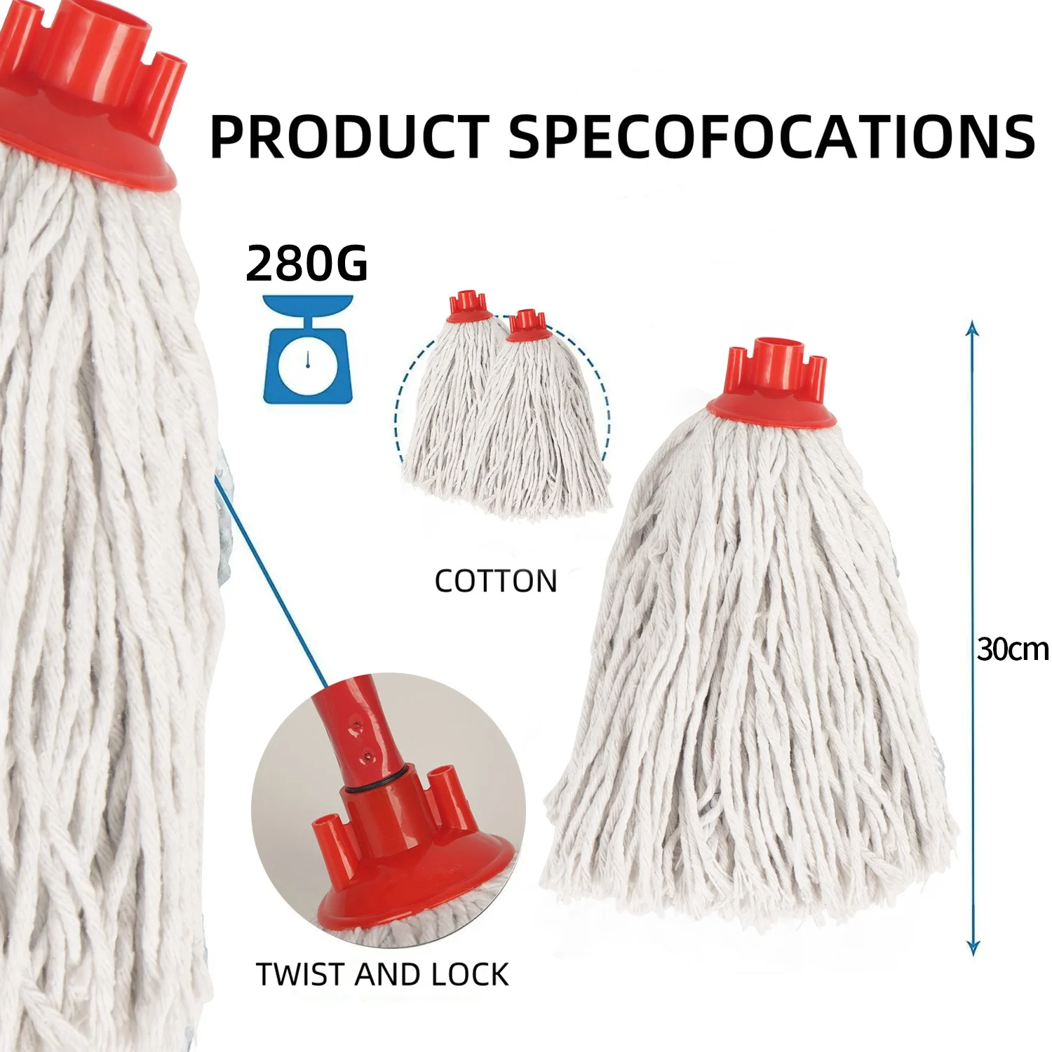 Cotton String Mop Head Replacement 280g, Super Absorbent Heavy Duty Mop Refill Twist and Lock for Home Floor Cleaning