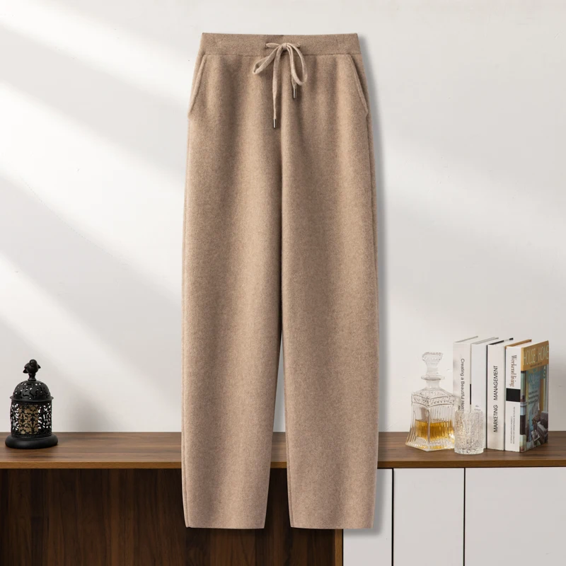 High quality 100% cashmere men's pants solid knitted business casual pants elastic waistband pocket thick straight leg pants