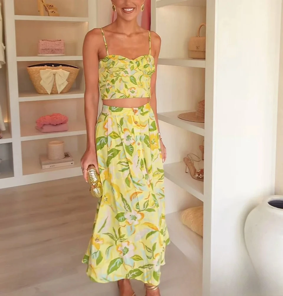 

KONDALA праздничный пляжный комплект с желтой юбкой с цветочным принтом, женский топ или юбка-миди, 2024, летняя мода, горячая сексуальная повседневная юбка