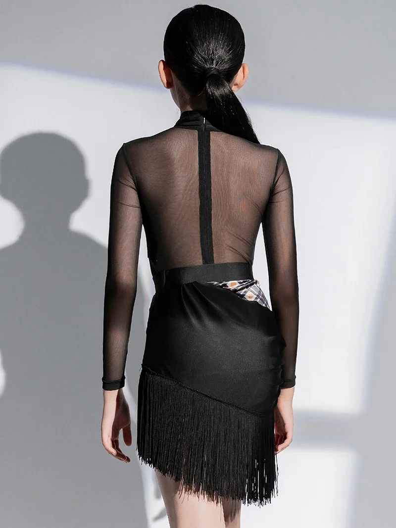 Kinder Meisjes Latin Dance Sets Mesh Rits Bodysuit Kwastjes Rokken Ballroom Rumba Danskleding Training Cha Cha Performance Kostuums