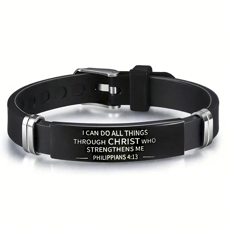Religious Bible Verse Bracelet Black Stainless Steel Silicone Christian Bracelets For Men Women Jewelry
