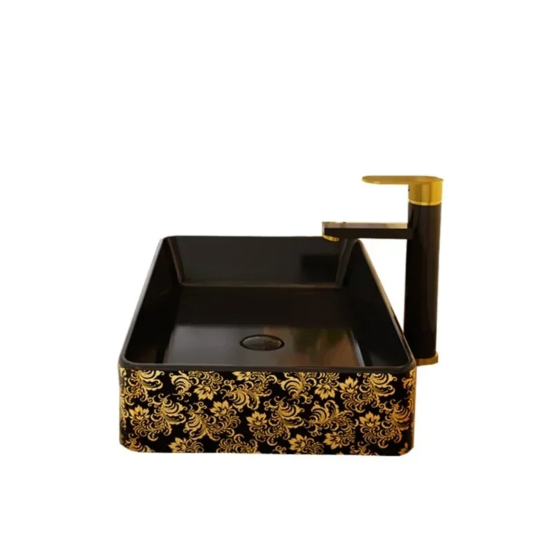 Luxury design bathroom sink ceramic rectangular countertop gold black wash basin