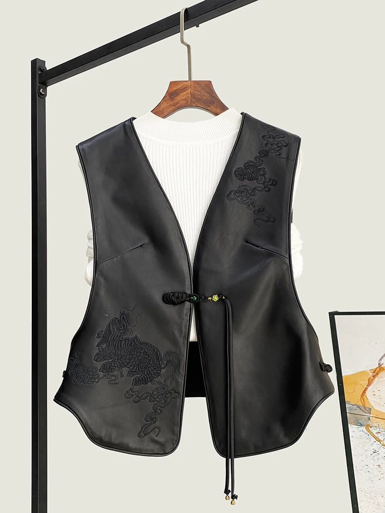 

High Quality Genuine Real Leather Vest for Women 2025 Spring New First Layer Sheepskin National Style Chinese Waistcoat