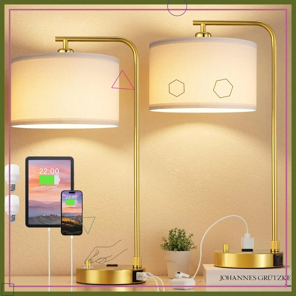 

Dimmable Nightstand Lamps with USB Port and Outlet, Modern Gold Design, Set of 2 for Bedroom Office Living Room