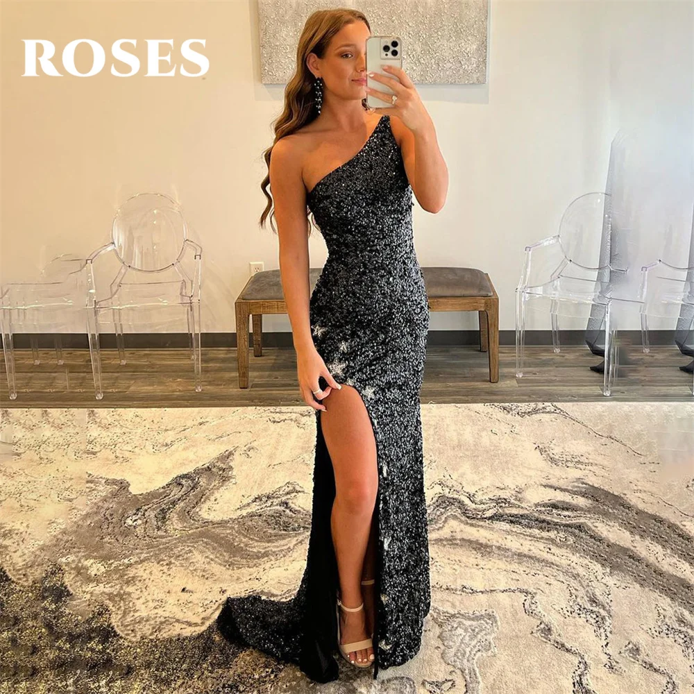 

ROSES Shining Mermaid Evening Gown One Shoulder Appliques Elegant Prom Dress Side Split Wedding Evening Dress robes de soirée