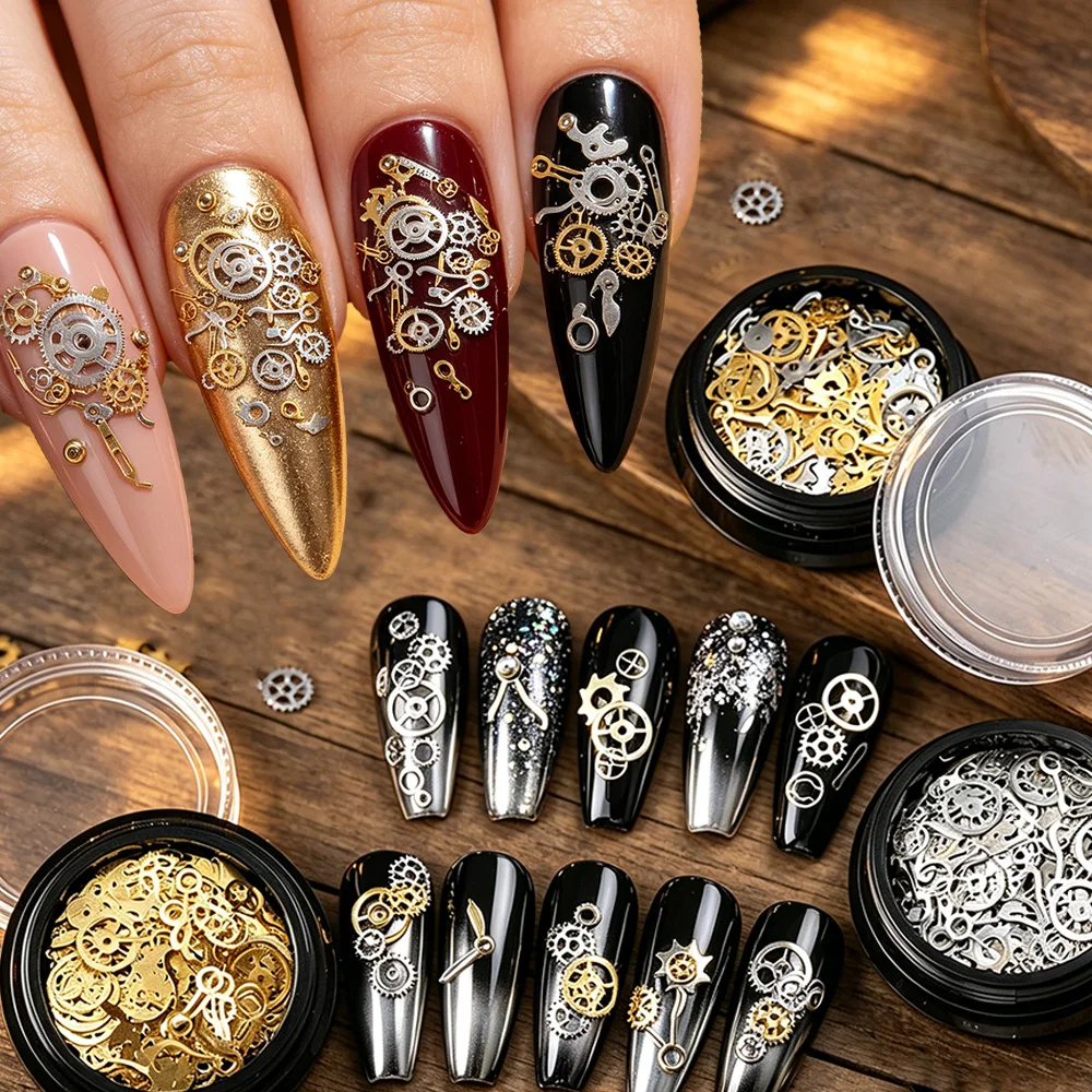 120Pcs Steampunk Gear Nail Charms Gold Silver Cogs Clock Hands Watch Rivet Screws Vintage Alloy 3D Nail Studs Manicure Supplies