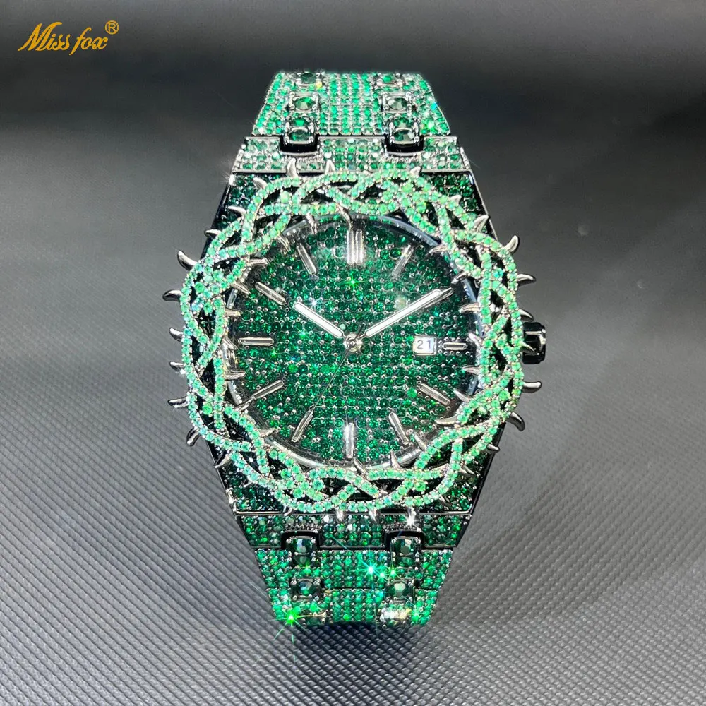 

MISSFOX Hot Fashion Full Green Diamond Watches Men Brand Hip Hop Iced Qut Bling Jewelry Flower Quartz Wristwatch For Man Gifts