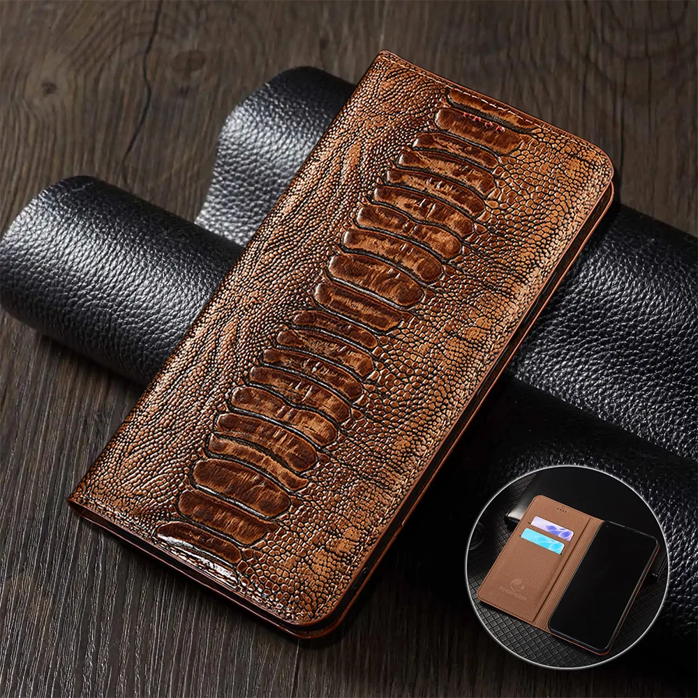 

Ostrich Pattern Genuine Leather Flip Case For Oneplus Ace 3 3V 5 6 Pro Racing Ultra Phone Cover Card Cases Scratch Proof