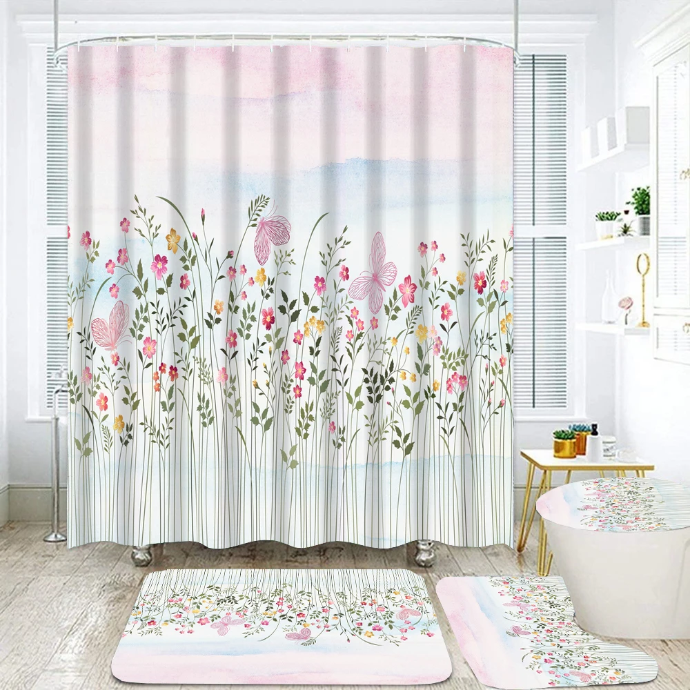 Butterfly Flowers Print Fabric Shower Curtains Bathroom Curtain Set Flower Anti-skid Rugs Carpet Toilet Lid Cover Bath Mat Sets