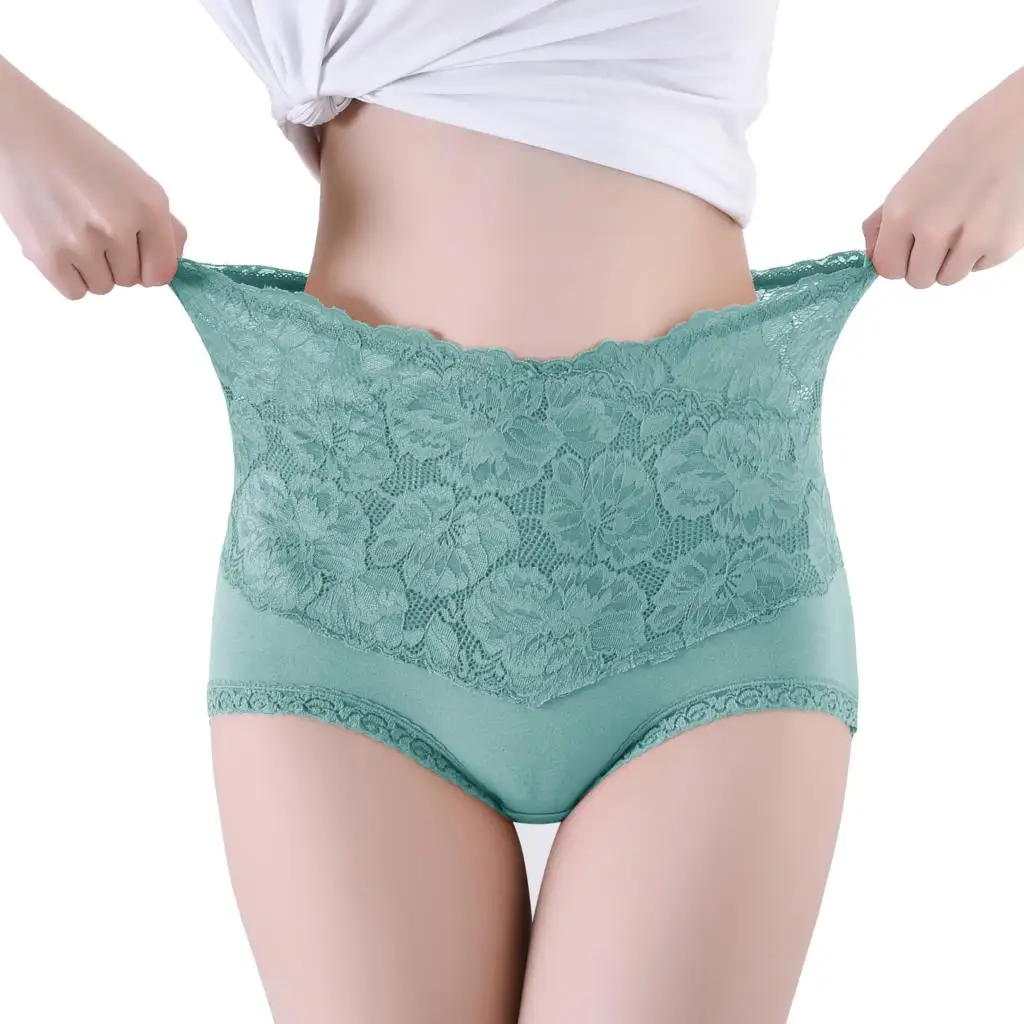 High waist large size lace cotton women\'s panties comfortable tummy  briefs sexy female underwear