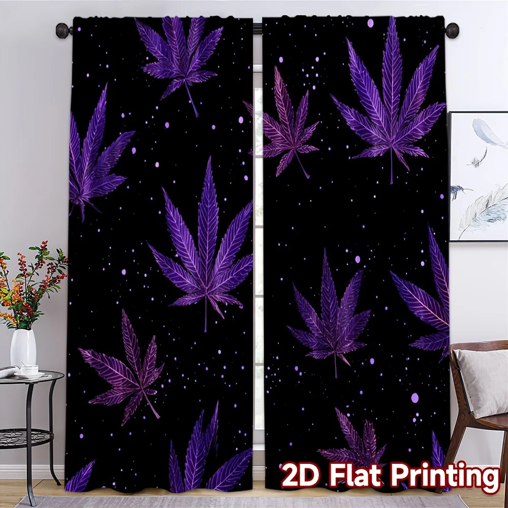 2D Flat 2pcs Purple Weed Curtains Galaxy Starry Night Leaf Print Drape Game Room Bedroom Window Treatment Psychedelic Home Decor