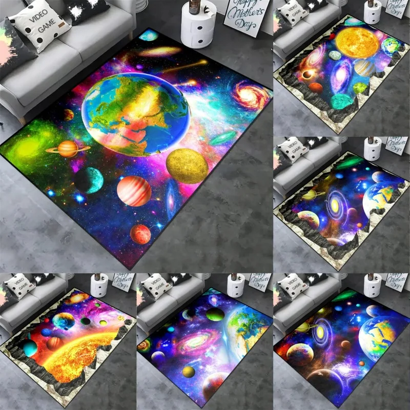 Galactic Adventure Carpet Kids' Bedroom Space Rugs Vibrant Planets and Stars Style Floor Mat for Playrooms and Living Spaces