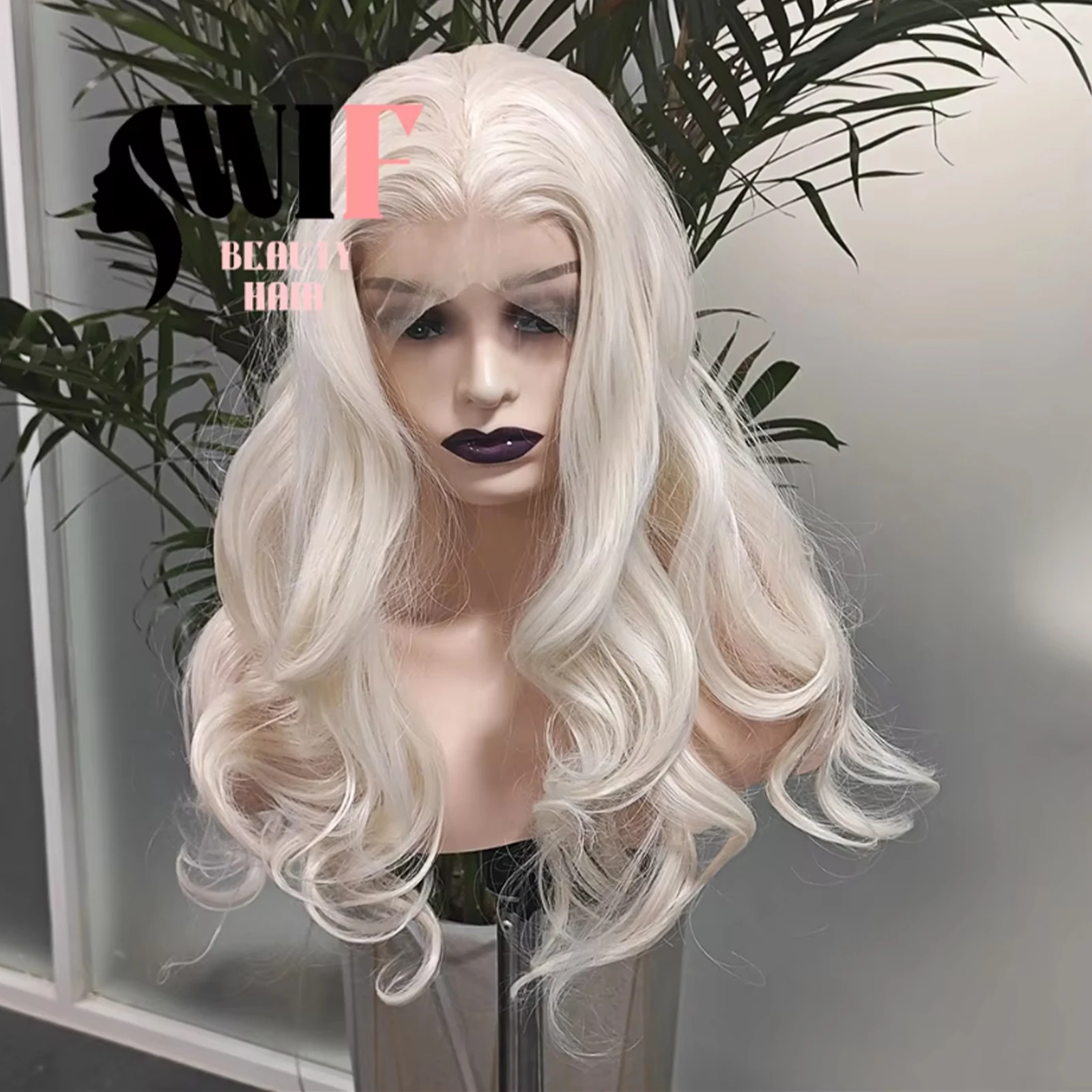 WIF Platinum Hair Synthetic Wig for Women Body Wavy Free Part Heat Resistant Lace Front Wigs Cosplay Makeup Use Blonde Wig