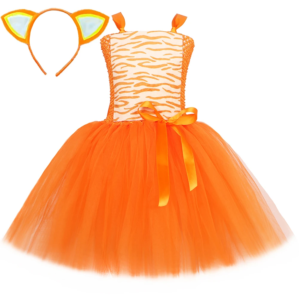 Orange Cat Costume for Girls Fancy Tulle Tutu Dress Cute Animal Ginger Cat Dress Up Clothes Kids Halloween Carnival Party Dress