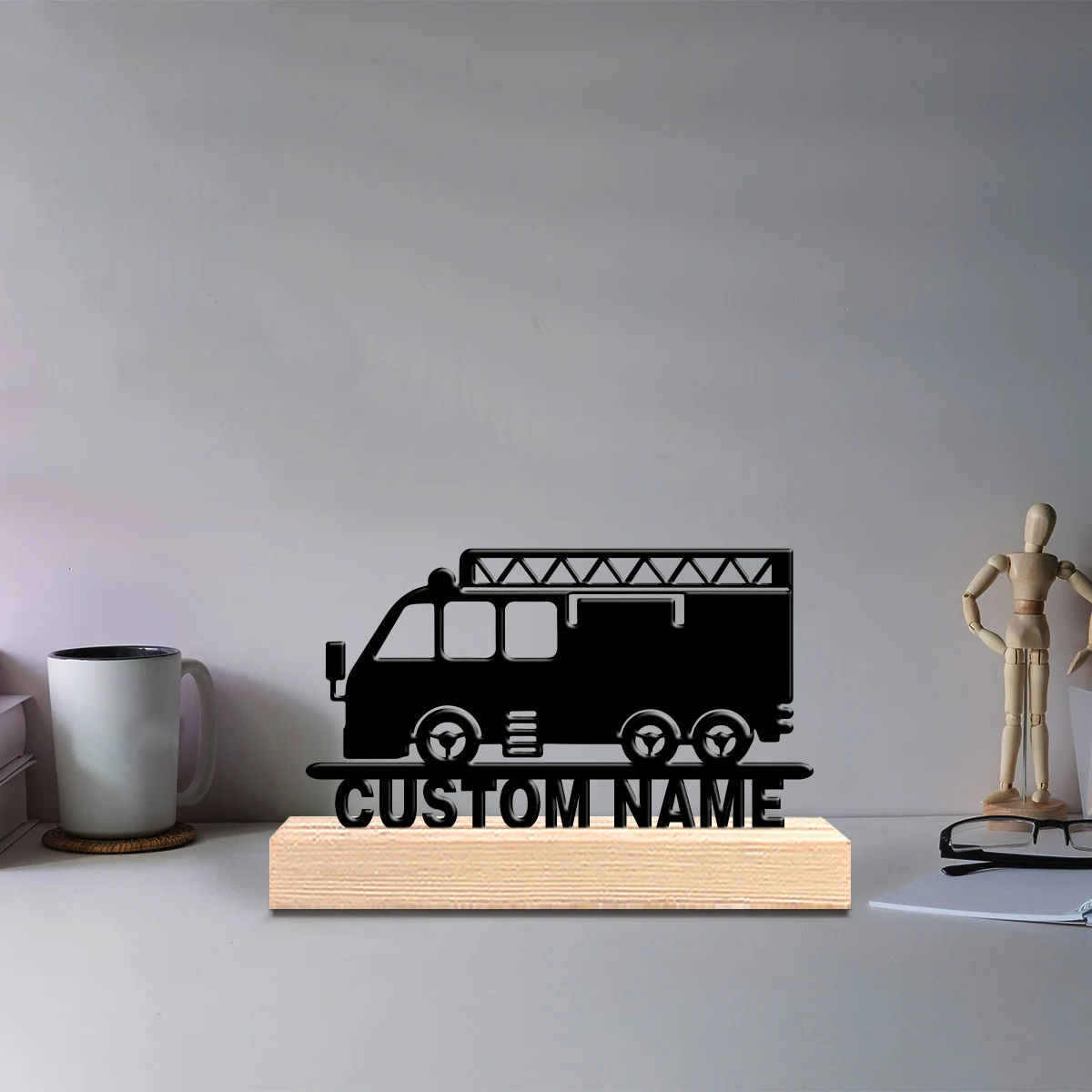 1pc Personalized Custom Fire Engine Metal Statues With Wooden Base Tabletop Decoration for Adventurers, Office, Map Lovers