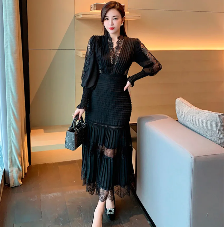 JSXDHK 2024 New Runway Designer Women Black Long Dress Elegant Spring Chiffon Patchwork Lace V Neck Lantern Sleeve Pleated Dress