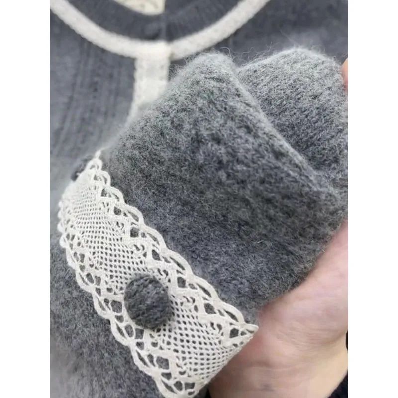 Gray Lace Spliced Sweater for Women in Early Spring 2025 Round Neck Long Sleeve Versatile Single-breasted Knitted Cardigan