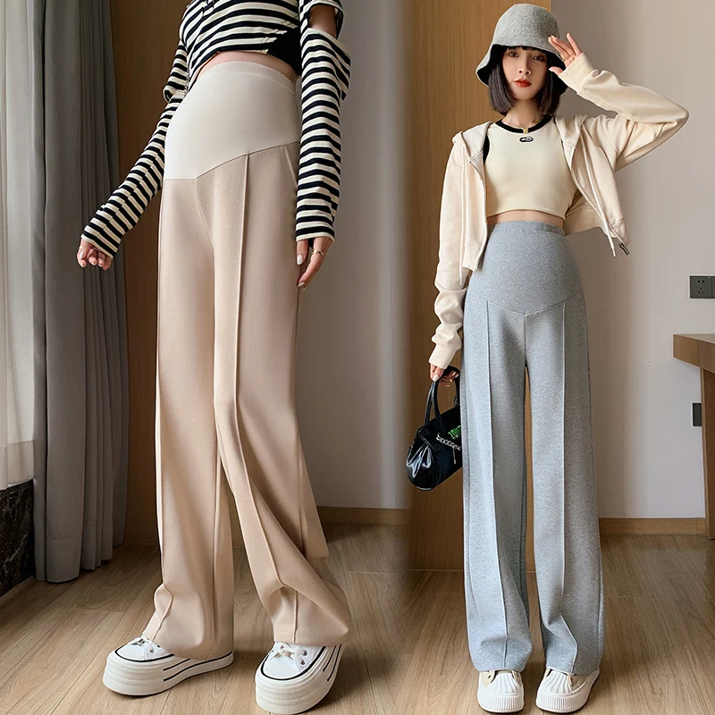 828# Autumn Dense Maternity Long Straight Pants Wide Leg Loose Straight High Waist Belly Trousers for Pregnant Women Pregnancy