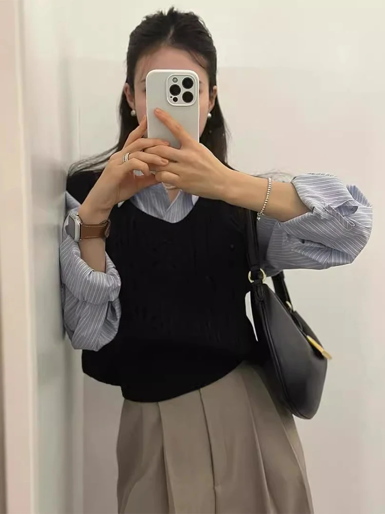 시크한 브이넥 니트 조끼 여성용 부드럽고 루즈한 캐주얼 레이어링 가을 패션 트렌디 올매치 편안한 민소매 탑