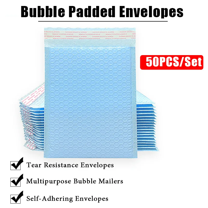 

50Pcs/set Sky Blue Bubble Envelope Bag Waterproof And Thickened Padded Mailing Self Seal Shipping Packaging Bags Business Bag