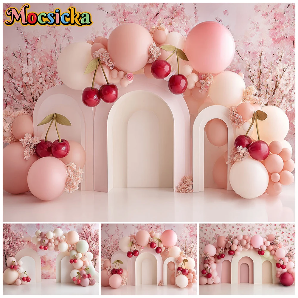 Mocsicka Pink Cherry Blossom Photography Backdrop Pastel Decor Balloon Photo Background Kid Baby Shower Girl Photoshoot Tapestry