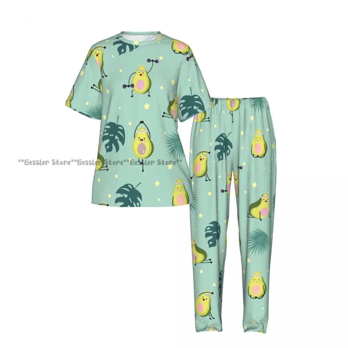 Women's 2-piece set Green Avocado With Leaf And Star Pajamas Short sleeved Top and Pants Sleepwear