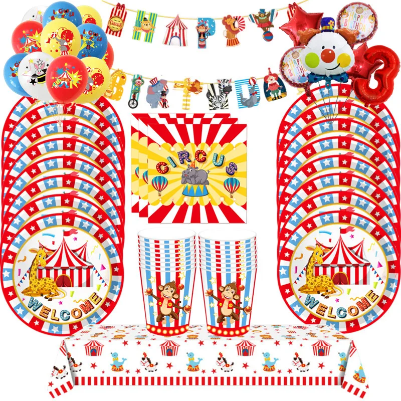 Circus Clown Theme Birthday Party Decoration Cup Plate Baby Shower Happy Birthday Gift Cake Topper Clown Baby Balloon Tableware