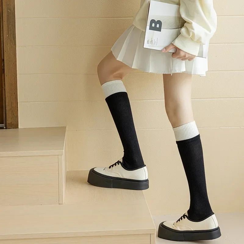 Autumn Winter Knitting Long Socks Stocking Sweet Girls Cotton Knee Socks Japanese Style Solid Color Black White Women Stockings