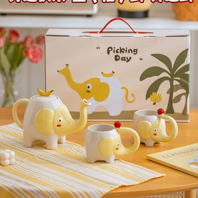 European Ceramic Elephant Kettle Set Delicate Tea Accessories Home Use One Kettle with Two Cups Breakfast Milk Coffee Cup Gifts