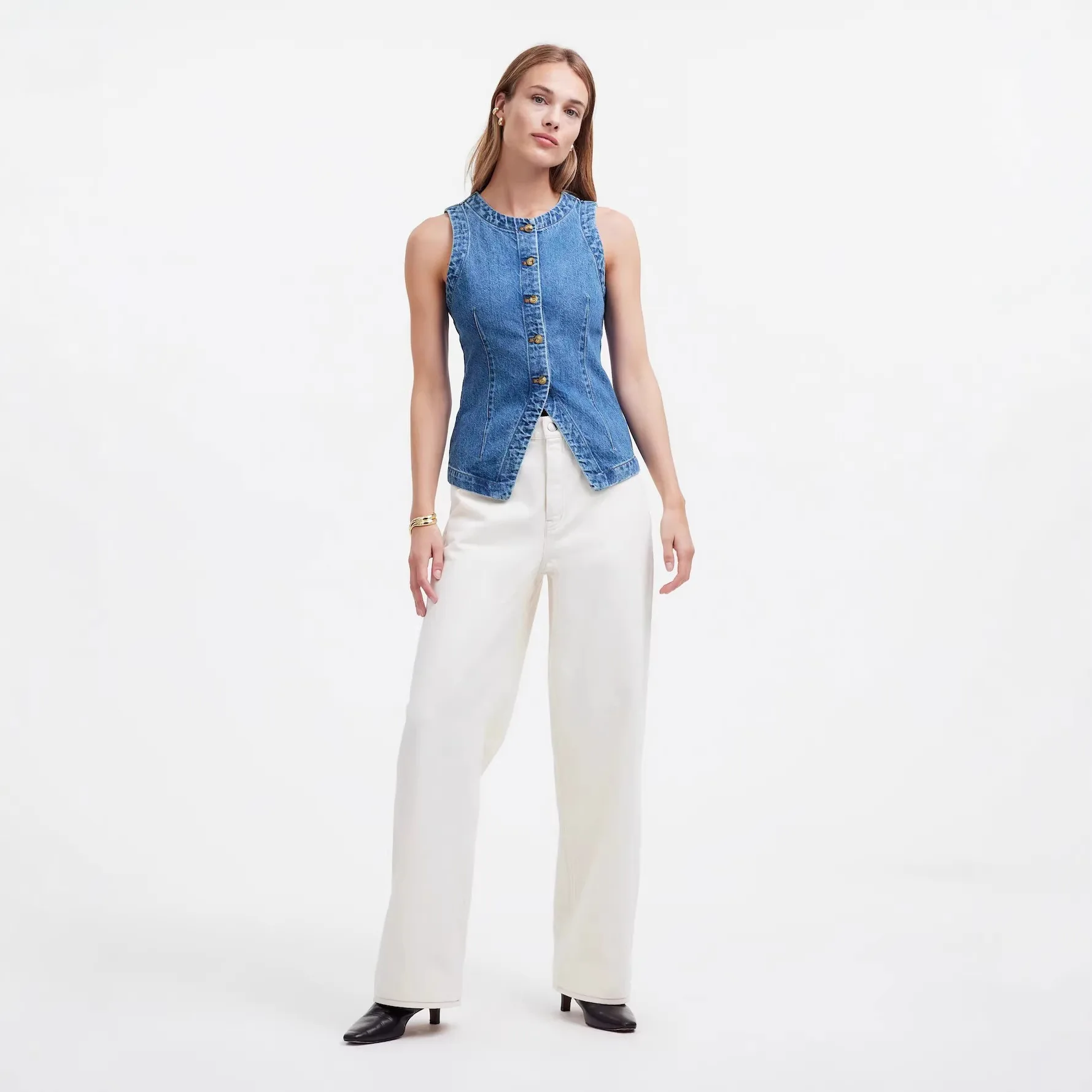 New Womens Multi Color Sleeveless Denim Vest Button Down Fitted Split Hem Waistcoat Top