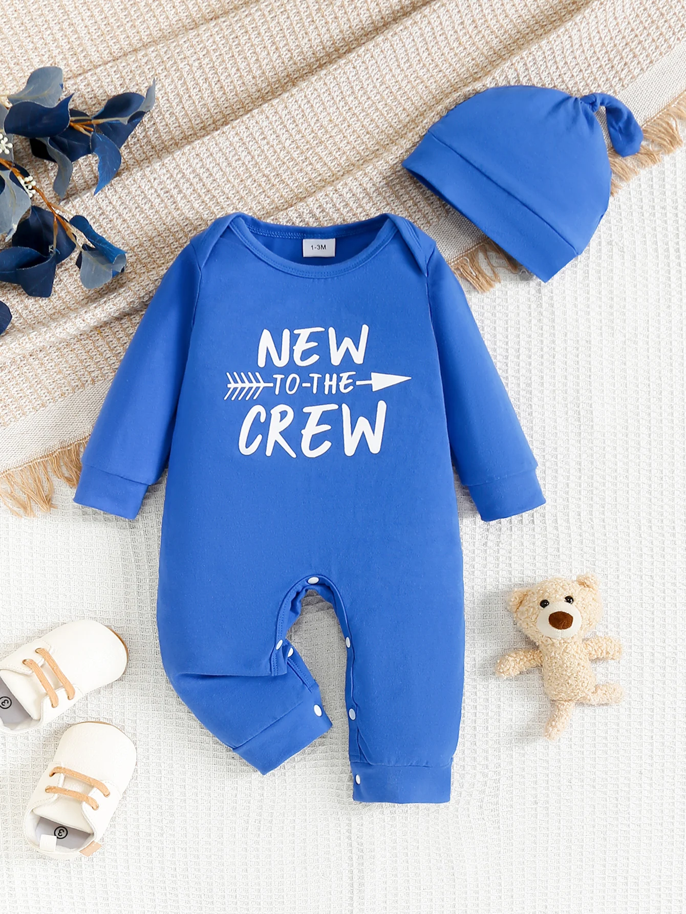 Letter Print Baby Girl Long Sleeve Jumpsuit Elastic Cuff Bodysuit Matching Knotted Hat Soft Breathable Home Coming Outfit 1-18M